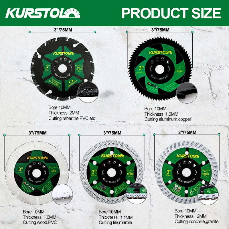 KURSTOL Rezni disk od 75 mm Čelična armatura Drvene pločice Metal Beton Plastika Guma Aluminij Keramički rezač Mini disk za mljevenje